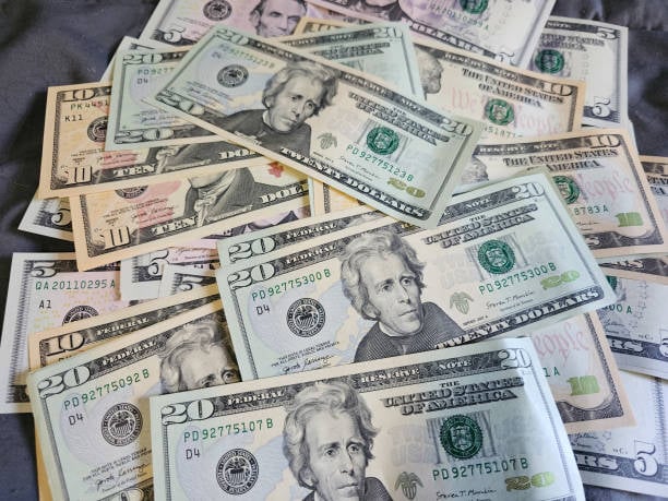 A pile of various U.S. dollar banknotes, including $20, $10, and $5 bills, spread out on a surface.